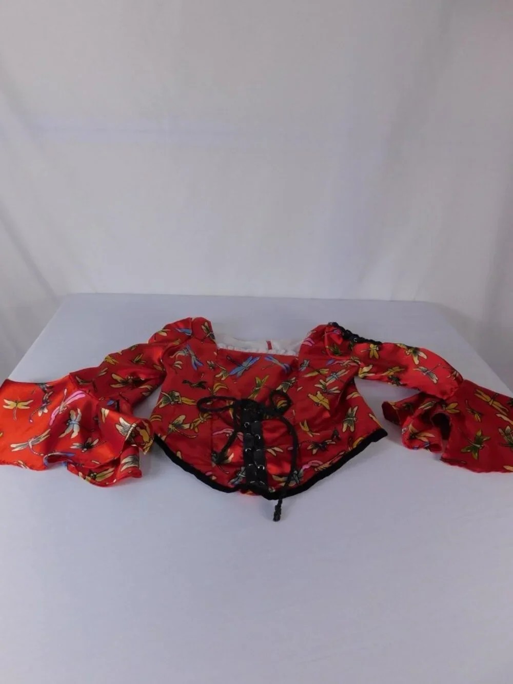 Handmade Blouse Girls 8 Red Dragonfly Print Satin Lace Up Bell Sleeve Cropped